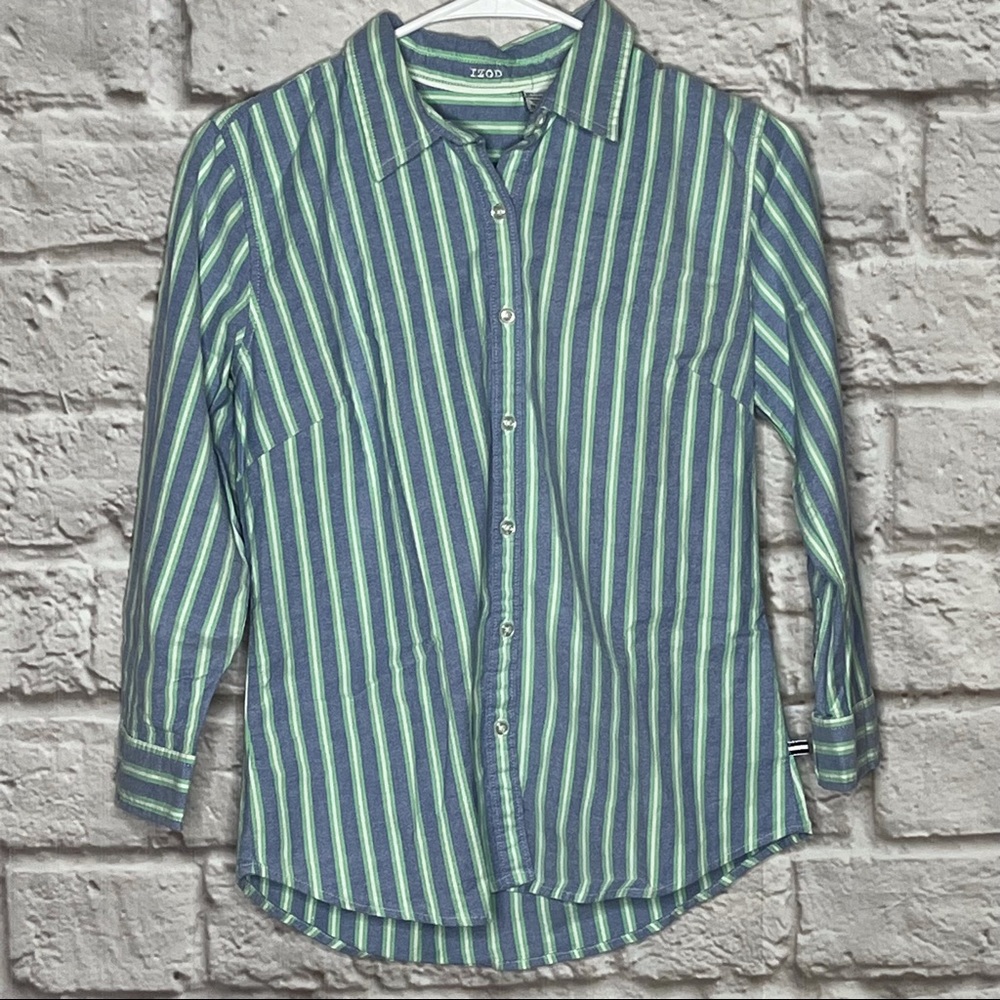 Izod Button Shirt Striped Green Blue Size Small